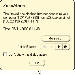 Figura 17 ZoneAlarm ci informa di avere appena bloccato un tentativo di accesso non autorizzato al nostro computer