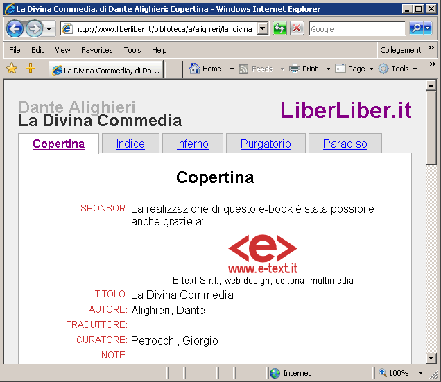 Il logo di E-text sulla copertina della Divina Commedia. Click sull'immagine per tornare indietro